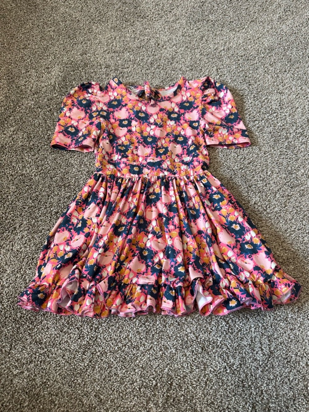 Girls Pink Floral Puff-Sleeve Ruffle Dress